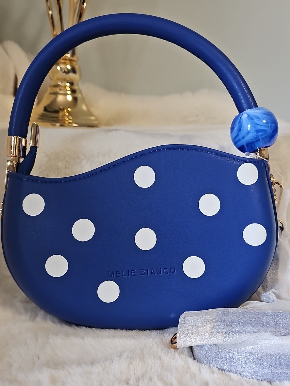 NEW! Melie Bianco Jennie Blue and White Polka Dot Top-Handle Bag - Picture 1 of 9